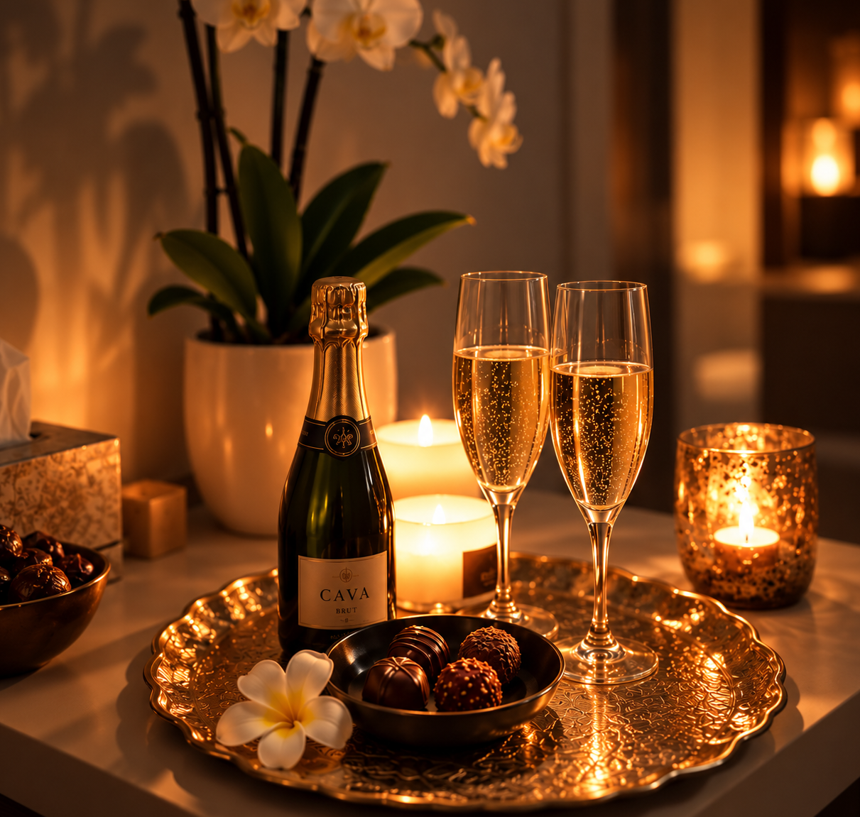Copa de cava y bombones de bienvenida para parejas – Tantra Marga